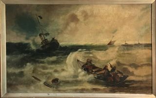 Antique Seascape Maritime Oil Painting Fishermen at Sea Framed European Art 3