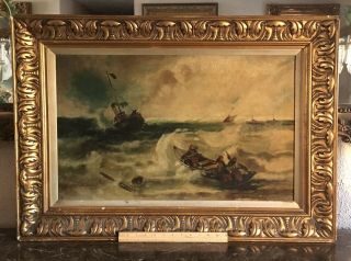 Antique Seascape Maritime Oil Painting Fishermen at Sea Framed European Art 4