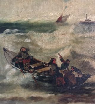 Antique Seascape Maritime Oil Painting Fishermen at Sea Framed European Art 7