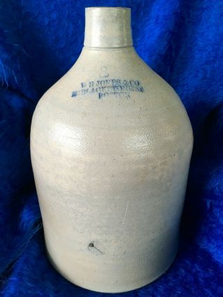 Mid 19th Boston 3 Gal Salt Glazed Cobalt Embossed Advert Jones & Co Whiskey Jug