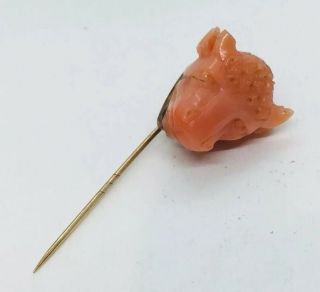 Antique Victorian 14k Yellow Gold & Carved Red Coral Figural Cow Stick Pin