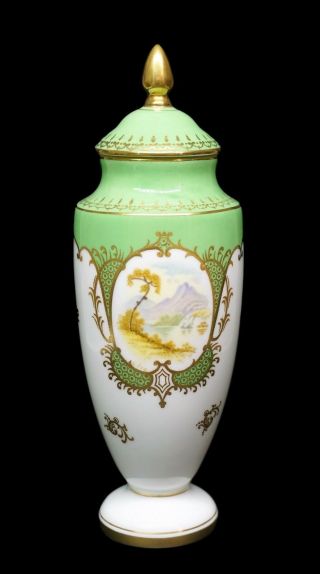 Sweet Coalport Hand Painted Green & Gold Porcelain Scenic Urn - A