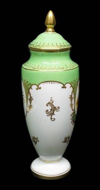 Sweet Coalport Hand Painted Green & Gold Porcelain Scenic Urn - A 4