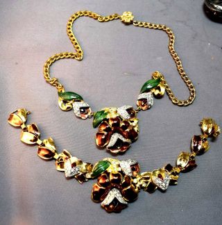 Rare Coro Adolph Katz Enamel & Rhinestone Flower Bracelet & Necklace 118121 Set