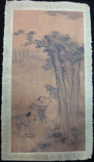 Rare Large Old Chinese Paper Painting Landscape And Figure