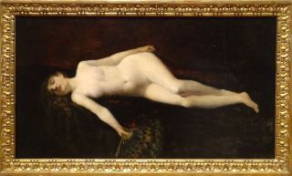 Large 19th Century French Reclining Nude Odalisque Portrait Louis Flacheron