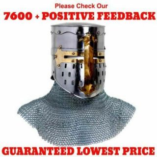 Medieval Knights Crusader Templar Helmet W/ Butted Aluminium Chainmail Coif Hood