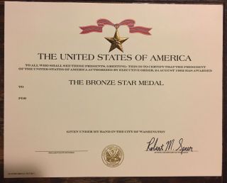 Army Bronze Star Medal Certificate - Blank With Robert M.  Speer Signature