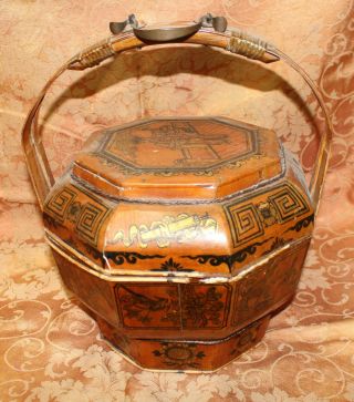 Antique Chinese Japanese Asian Hand - Painted Wedding Basket As Found