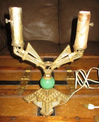 Antique Jadeite Art Deco Nouveau Cast Iron Dual Light Table Lamp