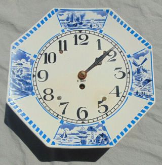 Antique German 8 Day Flow Blue Octagonal Porcelain Wall Clock Estate Fresh