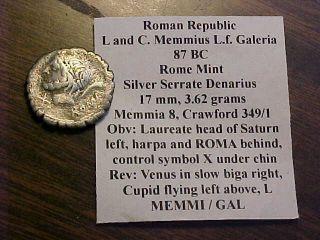 Ancient Roman Republic Silver Denarius: 87 Bc,  Head Saturn,  Rev Venus,  3.  6 Gms