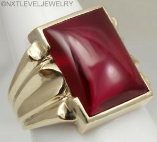 Heavy 8,  Gram Antique Art Deco Large 12ct Ruby Cabochon 10k Solid Gold Mens Ring