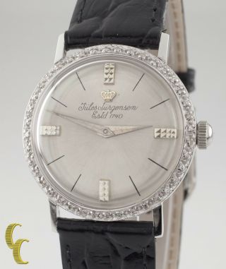 Jules Jurgensen 14k White Gold Hand - Winding Watch W/ Black Leather Band Diamond