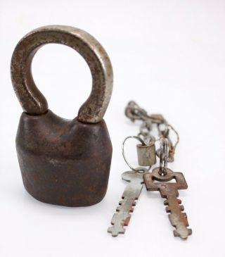 Vintage Cast Iron Lock Padlock & Two Skeleton Key Lock Set