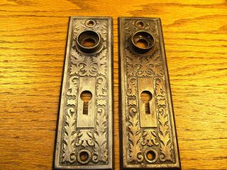 Pair Stamped Metal Door Knob Plates.  Ornate.
