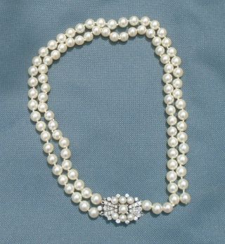 Antique Cultured Pearl Necklace W/14k Gold Clasp W/30 Round Cut Diamonds - Estate