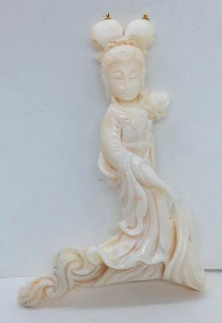 Antique Chinese Guanyin Carved Angel Skin Coral Lady Figurine Large Pendant
