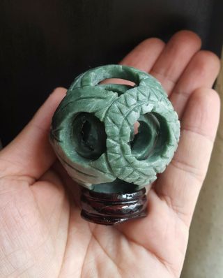 Carved Chinese Collectable Green Jade Dragon Puzzle Sphere Ball Carved 54 Mm