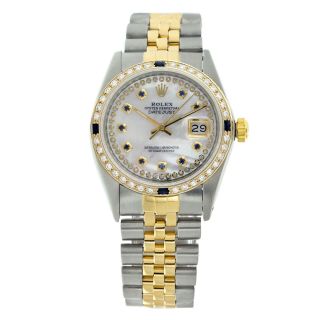 Rolex Watch Mens 36mm Gold and Steel White Mother of Pearl Sapphire/Diamond 12
