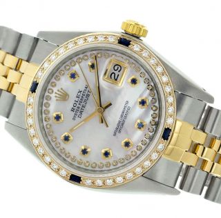 Rolex Watch Mens 36mm Gold And Steel White Mother Of Pearl Sapphire/diamond