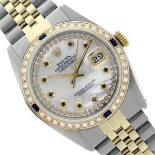 Rolex Watch Mens 36mm Gold and Steel White Mother of Pearl Sapphire/Diamond 2