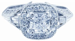 14k White Gold Cushion Cut Diamond Engagement Ring Antique Halo Pave Deco 1.  50ct 11