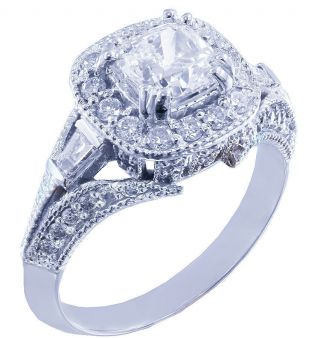 14k White Gold Cushion Cut Diamond Engagement Ring Antique Halo Pave Deco 1.  50ct 7