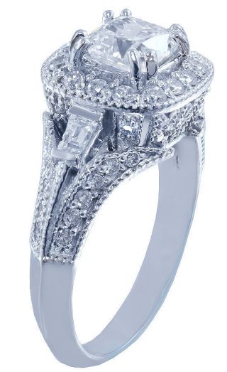 14k White Gold Cushion Cut Diamond Engagement Ring Antique Halo Pave Deco 1.  50ct 8