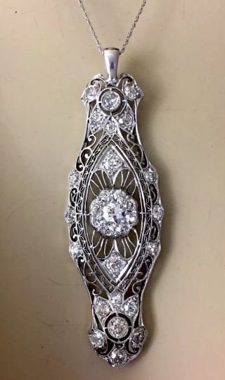 Victorian 14k White Gold 2.  0ct Old Mind Cut Diamonds Filigree Necklace/ Pendant