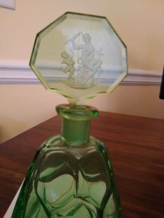 Vintage Czech Large Green Perfume Bottle,  Cut Intaglio Stopper,