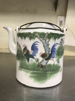 Large Chinese Antique Famille Rose Teapot With Rooster Print