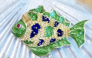 Tiffany Donald Claflin18k Gold,  Green/blue Enamel Tropical Fish Brooch,  Ruby