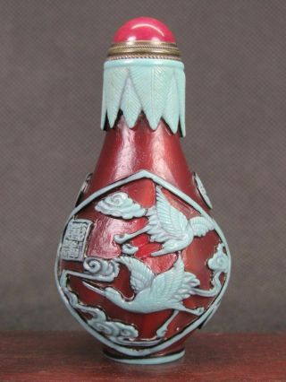 Chinese Four Crane Carved Peking Overlay Glass Snuff Bottle