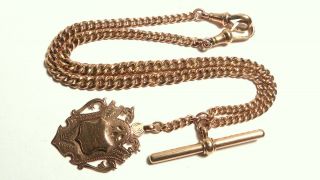 Antique 9ct Rose Gold Solid Albert Watch Chain T - Bar Necklace & Fob 14.  33,  Inch