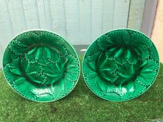 Pair 19thc Regal & Sanejouand Clairefontaine Green Majolica Plates C1870s
