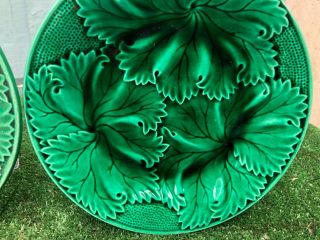 PAIR 19thC REGAL & SANEJOUAND CLAIREFONTAINE GREEN MAJOLICA PLATES c1870s 6