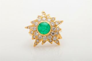 Antique 1930s Deco $8000 6ct Colombian Emerald Diamond 18k Gold Star Sun Ring