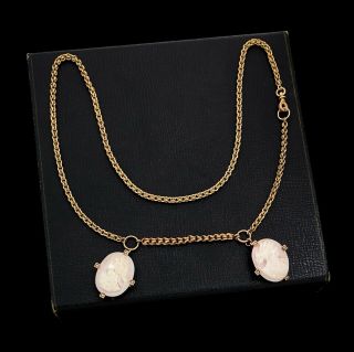 Antique Vintage Nouveau 18k Gold Etruscan Angelskin Coral Double Cameo Necklace