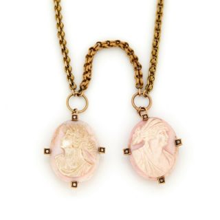Antique Vintage Nouveau 18k Gold Etruscan Angelskin Coral Double Cameo Necklace 3
