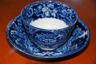 Early 19th C.  Staffordshire Blue Tea Cup/bowl W/ Saucer,  " Barlborough Hall "