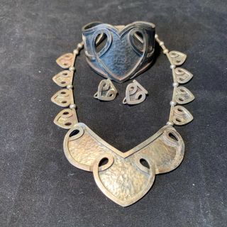 Rare Vtg Set Margot De Taxco Sterling Silver Necklace,  Cuff Bracelet & Earrings
