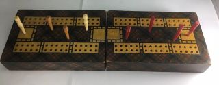 Antique Victorian C1880 Cameron Mauchline Tartan Ware Cribbage Board Game 8 Pegs