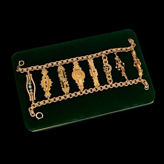 Antique Vintage Nouveau 9k 14k 18k Gold English Garnet Fancy Link Pin Bracelet
