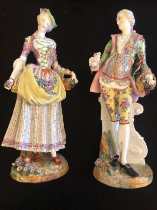 Monumental Antique Meissen Style Porcelain Figures Of A Gallant And Lady
