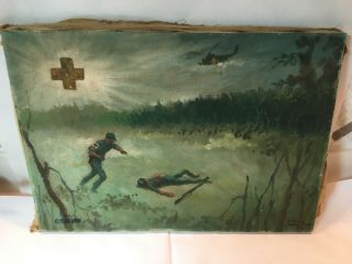 Vintage Canvas Painting Us Army Medic Navy Corpsman Vietnam War Military 1966