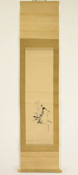 掛軸1967 Hanging Scroll : Kano Isenin Naganobu " Jurojin With Flower " @n121