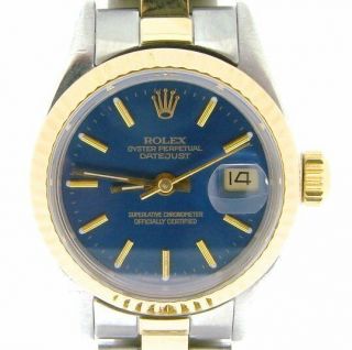 Rolex Datejust Ladies 2tone 18k Yellow Gold & Steel Watch Oyster Band Blue 69173