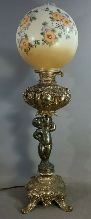Lg Vintage Art Nouveau Style Putti Statue Figural Flower Old Banquet Parlor Lamp