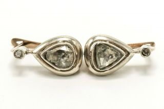 Antique Victorian Silver 14k Gold 2 Ct Rose Cut Diamond Teardrop Dangle Earrings